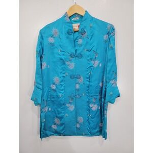 Peony Brand Vtg 60s Turquoise Rayon Satin Floral Embroidered Shanghai Jacket 36